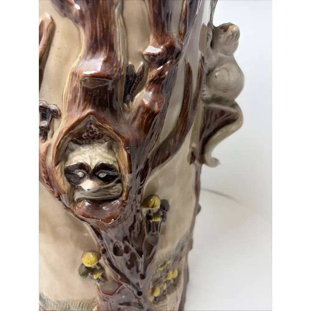 Ceramic Umbrella Stand Mid Century Majolica Raccoon in Tree 3D Woodland